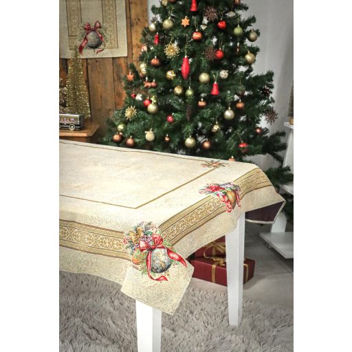 Amira karácsonyi gömbös, piros szalagos asztalterítő, 137x180 cm, arany lurex