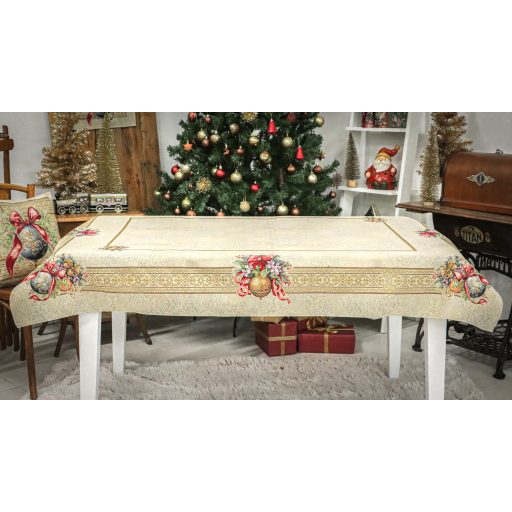 Amira karácsonyi gömbös, piros szalagos asztalterítő, 137x180 cm, arany lurex