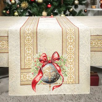   Amira karácsonyi gömbös, piros szalagos asztali futó, 37x100 cm, arany lurex