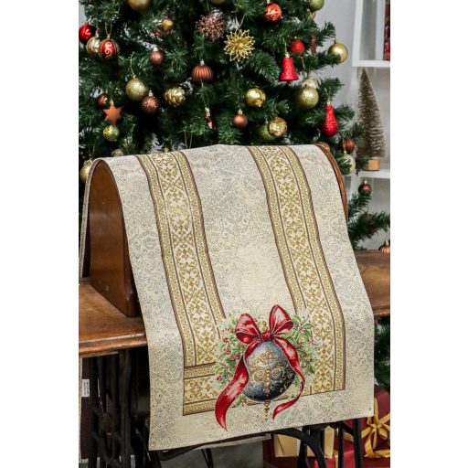 Amira karácsonyi gömbös, piros szalagos asztali futó, 44x140 cm, arany lurex