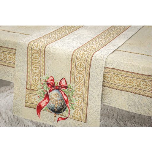 Amira karácsonyi gömbös, piros szalagos asztali futó, 44x140 cm, arany lurex