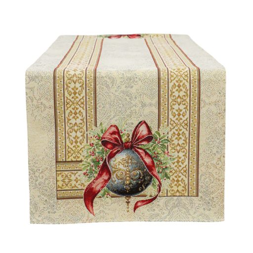 Amira karácsonyi gömbös, piros szalagos asztali futó, 44x140 cm, arany lurex