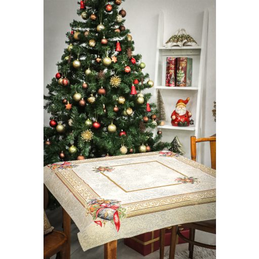 Amira karácsonyi gömbös, piros szalagos asztalterítő, 96x100 cm, arany lurex