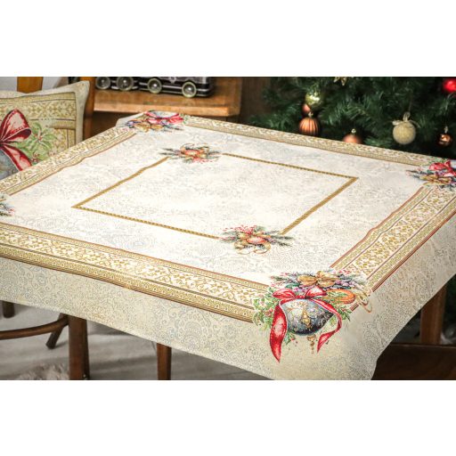 Amira karácsonyi gömbös, piros szalagos asztalterítő, 96x100 cm, arany lurex