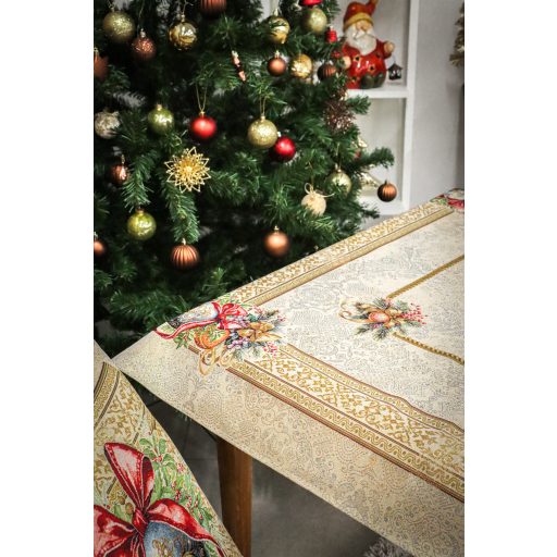 Amira karácsonyi gömbös, piros szalagos asztalterítő, 96x100 cm, arany lurex