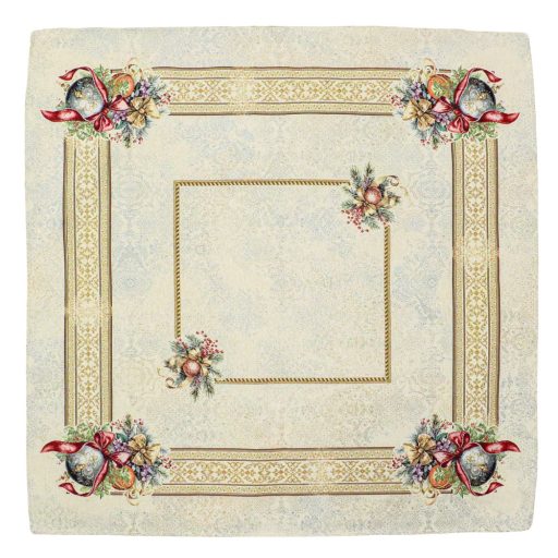 Amira karácsonyi gömbös, piros szalagos asztalterítő, 96x100 cm, arany lurex