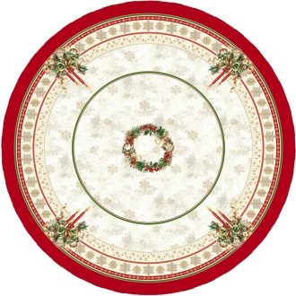   Gyertyás, piros szélű asztalterítő, kör alakú, 160 cm, arany lurex