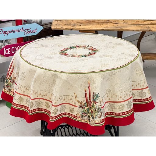 Gyertyás, piros szélű asztalterítő, kör alakú, 160 cm, arany lurex