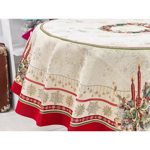 Gyertyás, piros szélű asztalterítő, kör alakú, 160 cm, arany lurex