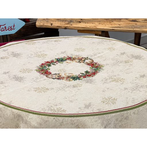 Gyertyás, piros szélű asztalterítő, kör alakú, 160 cm, arany lurex