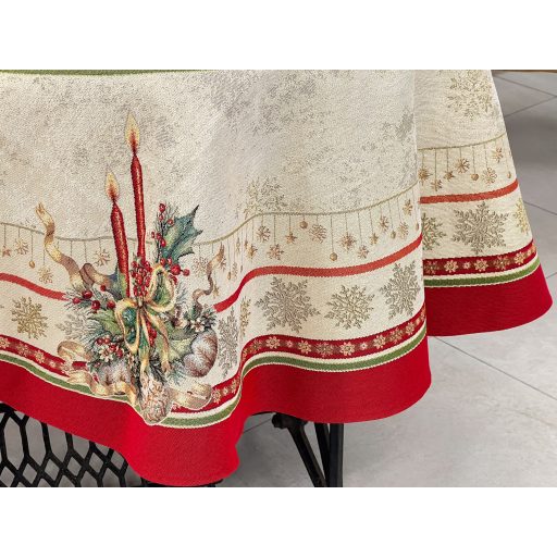 Gyertyás, piros szélű asztalterítő, kör alakú, 160 cm, arany lurex