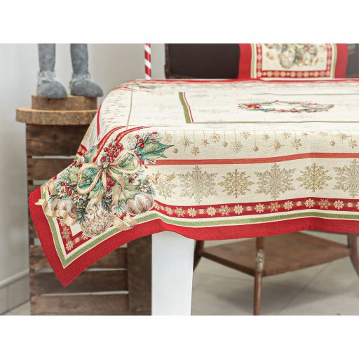 Gyertyás, piros szélű asztalterítő, 96x100 cm, arany lurex
