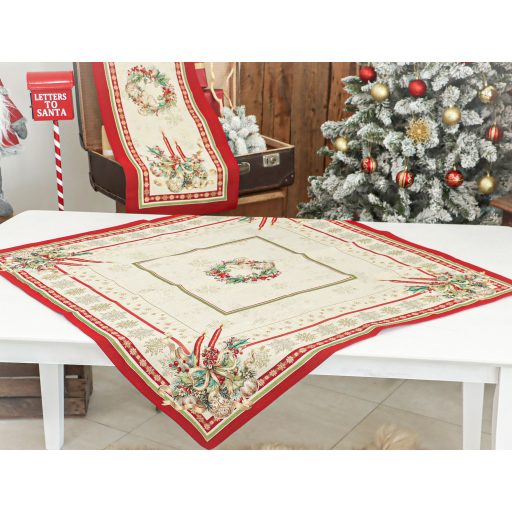 Gyertyás, piros szélű asztalterítő, 96x100 cm, arany lurex