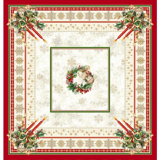 Gyertyás, piros szélű asztalterítő, 96x100 cm, arany lurex