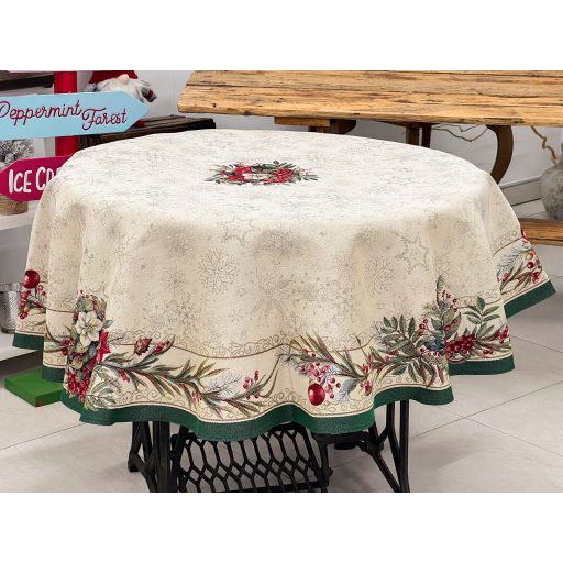 Classic bogyós, zöld szélű asztalterítő, kör alakú, 160 cm, ezüst lurex