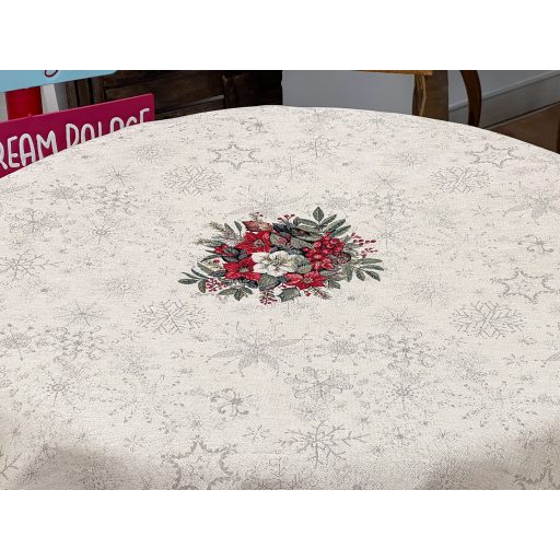 Classic bogyós, zöld szélű asztalterítő, kör alakú, 160 cm, ezüst lurex