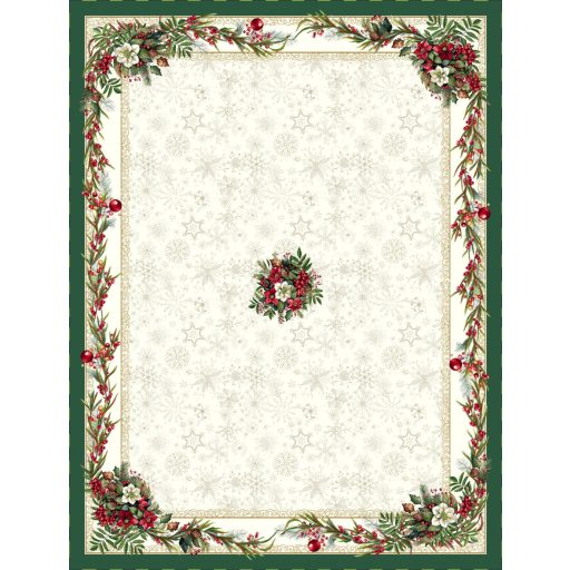 Classic piros bogyós, zöld szélű asztalterítő, 137x180 cm, ezüst lurex