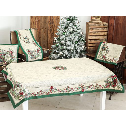 Classic piros bogyós, zöld szélű asztalterítő, 137x240 cm, ezüst lurex