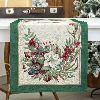   Classic piros bogyós, zöld szélű asztali futó, 44x140 cm, ezüst lurex