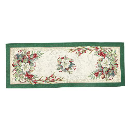 Classic piros bogyós, zöld szélű asztali futó, 44x180 cm, ezüst lurex