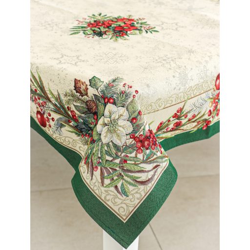 Classic piros bogyós, zöld szélű asztalterítő, 96x100 cm, ezüst lurex
