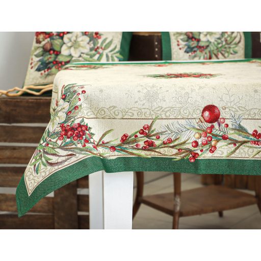 Classic piros bogyós, zöld szélű asztalterítő, 96x100 cm, ezüst lurex