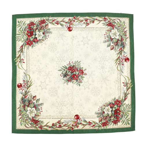 Classic piros bogyós, zöld szélű asztalterítő, 96x100 cm, ezüst lurex