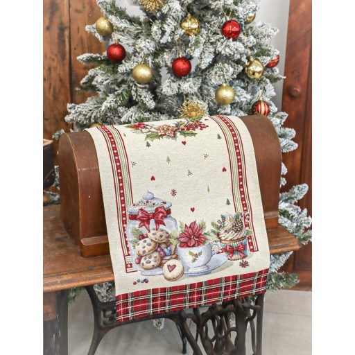 Ünnepi sütis asztali futó, 37x100 cm, ezüst lurex