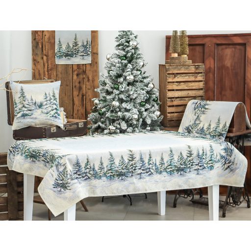 Havas fenyőerdő asztalterítő, 137x180 cm, ezüst lurex