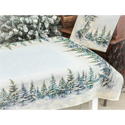 Havas fenyőerdő asztalterítő, 137x180 cm, ezüst lurex