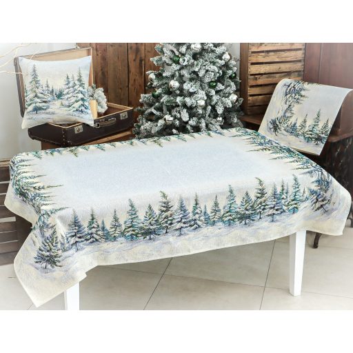 Havas fenyőerdő asztalterítő, 137x180 cm, ezüst lurex