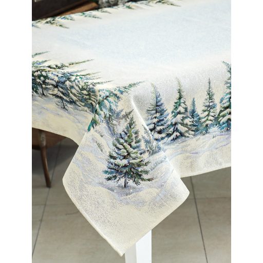 Havas fenyőerdő asztalterítő, 137x180 cm, ezüst lurex