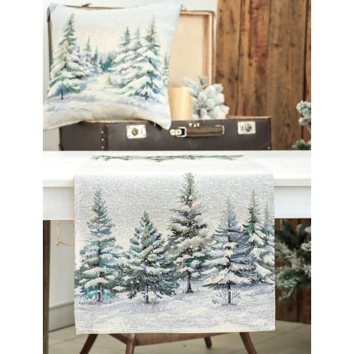 Havas fenyőerdő asztali futó, 44x140 cm, ezüst lurex