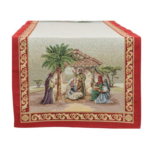 Betlehemi, piros szélű asztali futó, 37x100 cm, arany lurex