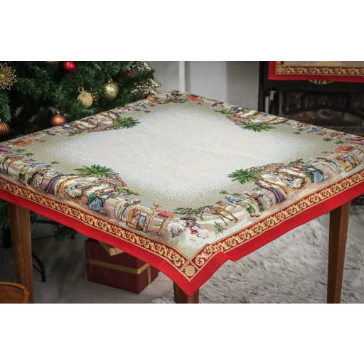 Betlehemi, piros szélű asztalterítő, 96x100 cm, arany lurex