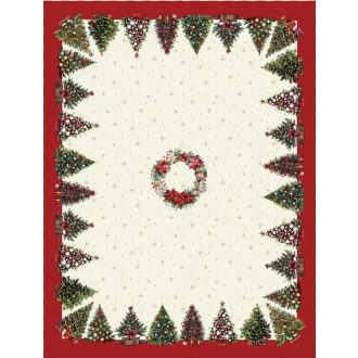   Karácsonyfás, piros szélű asztalterítő, 137x180 cm, arany lurex