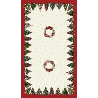   Karácsonyfás, piros szélű asztalterítő, 137x240 cm, arany lurex