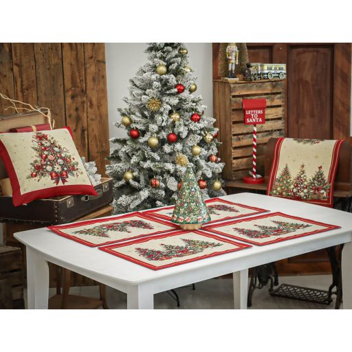 Karácsonyfás, piros szélű, ünnepi tányéralátét, arany lurex