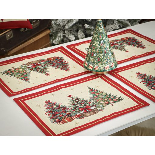 Karácsonyfás, piros szélű, ünnepi tányéralátét, arany lurex