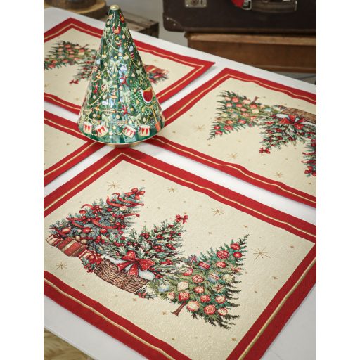 Karácsonyfás, piros szélű, ünnepi tányéralátét, arany lurex