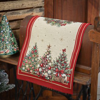   Karácsonyfás, piros szélű asztali futó, 44x140 cm, arany lurex