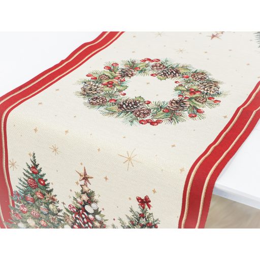 Karácsonyfás, piros szélű asztali futó, 44x140 cm, arany lurex