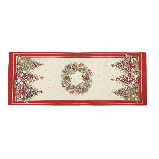 Karácsonyfás, piros szélű asztali futó, 44x140 cm, arany lurex