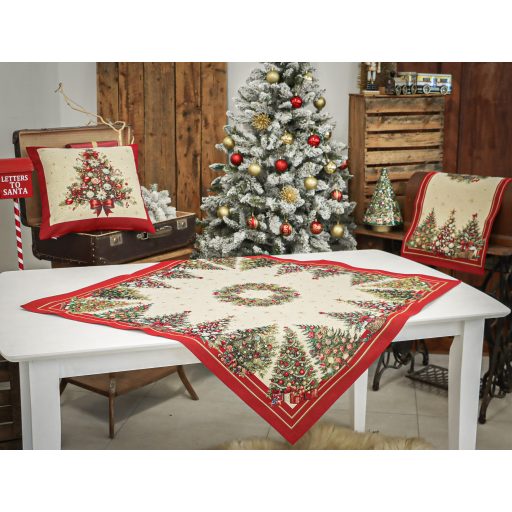 Karácsonyfás, piros szélű asztalterítő, 96x100 cm, arany lurex