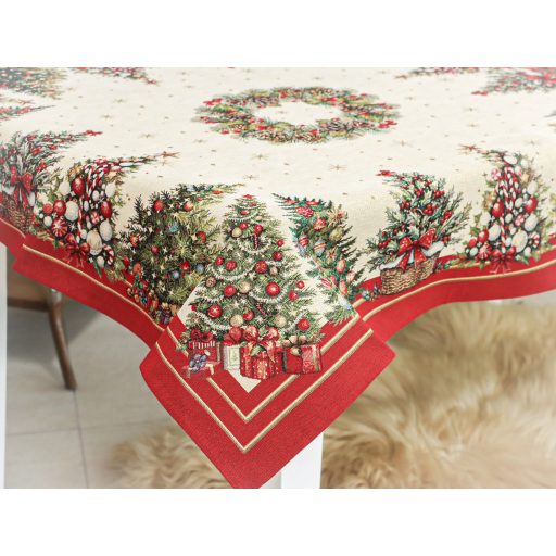 Karácsonyfás, piros szélű asztalterítő, 96x100 cm, arany lurex