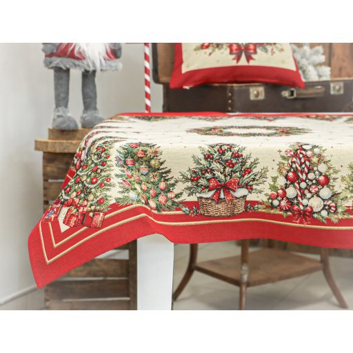 Karácsonyfás, piros szélű asztalterítő, 96x100 cm, arany lurex