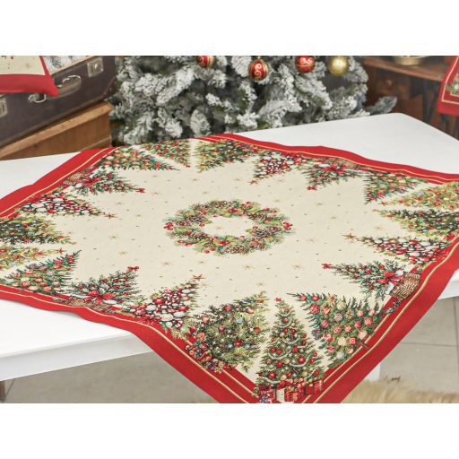 Karácsonyfás, piros szélű asztalterítő, 96x100 cm, arany lurex