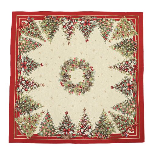 Karácsonyfás, piros szélű asztalterítő, 96x100 cm, arany lurex
