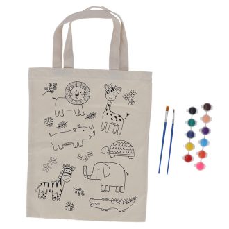   Kifesthető vadon élő állatos vászon gyerek táska, festékkel és ecsettel, 29 x 30 cm