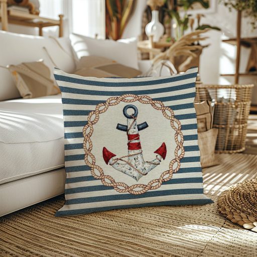 Horgonyos, kék csíkos díszpárna huzat